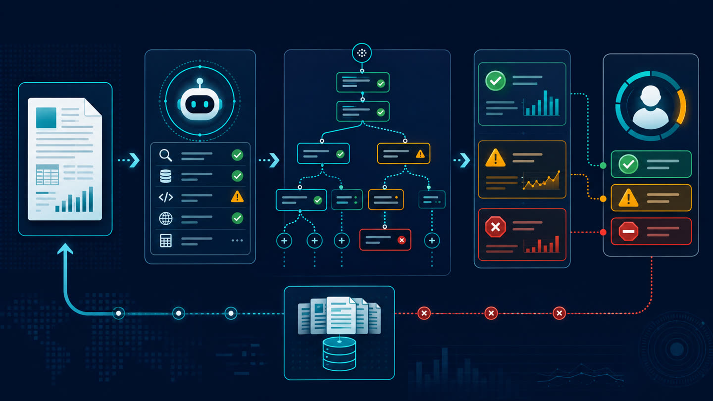 Một run log đi qua agent, tool trace, outcome và human decision; các lỗi quay lại thư viện test để kiểm thử hồi quy.