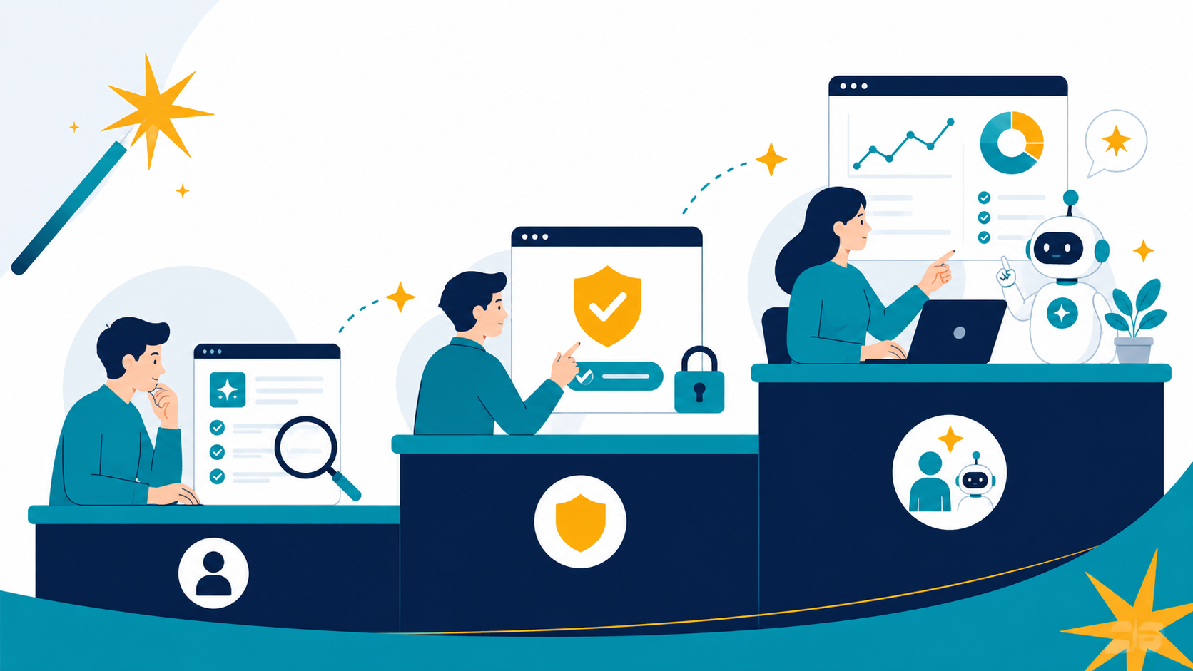 Ba bậc phối hợp tăng dần: người duyệt bản nháp, người phê duyệt hành động nhạy cảm, rồi người và AI agent phối hợp có giám sát.