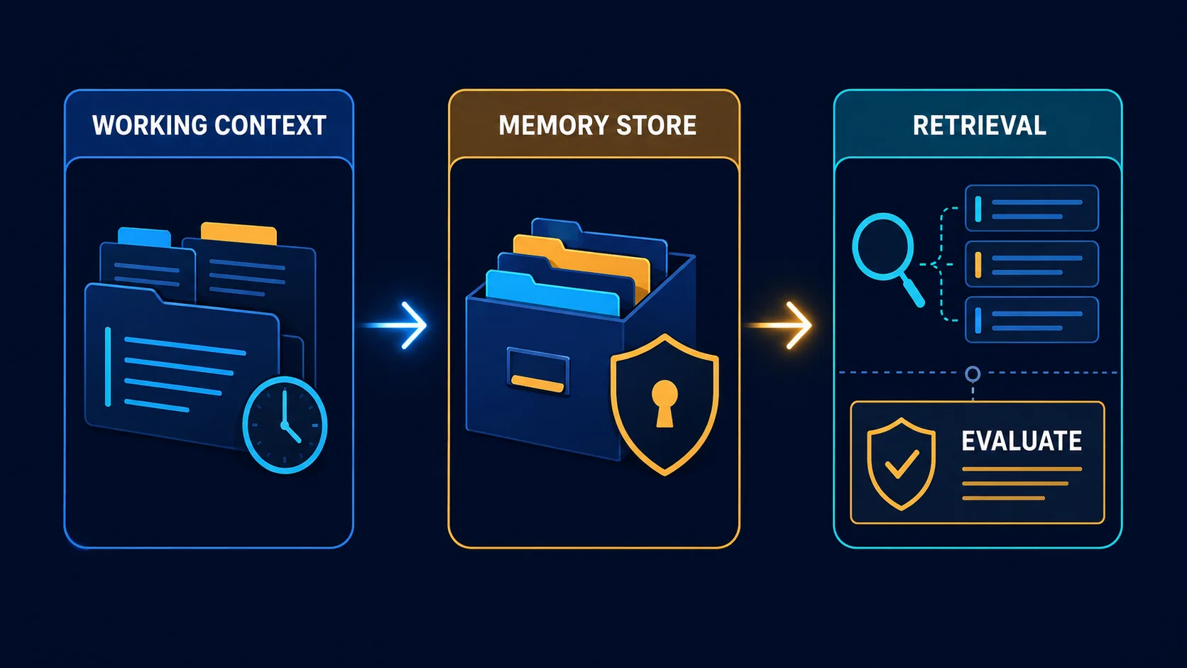Sơ đồ ba khối: working context chuyển vào memory store, sau đó retrieval được đánh giá trước khi sử dụng.